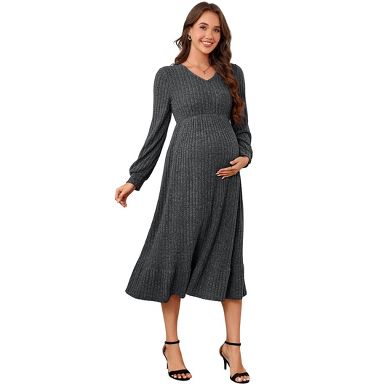 maternity casual dress YESFASHION Long Midi V‐Neck Lantern Long Sleeve Pregnancy Ruffle Hem Flowy Ribbed Dresses,L,Deep Gray Color:White Pink LE PALAIS Women's 2 Pieces Set: Pregnant clothes vintage floral print