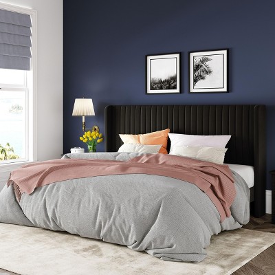 Allewie Bed Platform Frame/Velvet Upholstered Bed Frame with Vertical Channel Tufted Headboard/Strong Wooden Slats/Box Spring Optional