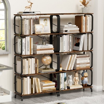 Alilang 5 Tier Large Open Bookshelf Vintage Industrial Style Bookcase Home Office Metal Frame Rustic Brown Shelves 37 x 15 Inches-Black