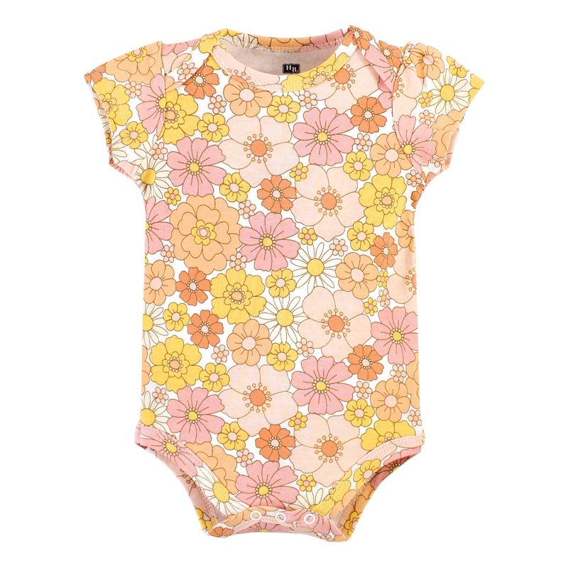 Hudson Baby Infant Girl Cotton Bodysuit, Pant and Bib Set, Peace Love Flowers, 4 of 6