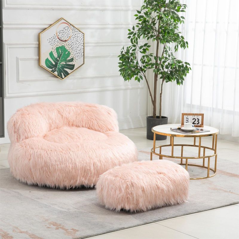 Lion Bean Bag Chairs And Ottoman,42.52" W Faux Fur Bean Bag Bucket Chair,Fluffy Lazy Sofa for Adults and Kids-Maison Boucle, 1 of 9