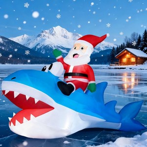 Joyfy 8 FT Long Christmas Inflatables Outdoor Decorations, Blow Ups Santa Riding on Shark with Built-in LEDs for Xmas Party Yard Garden Decoration - 1 of 4