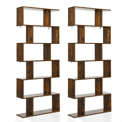 Tangkula 2 PCS 6-Tier S-Shaped Wooden Bookshelf Storage Bookcase Multifunctional  Display Stand Shelf
