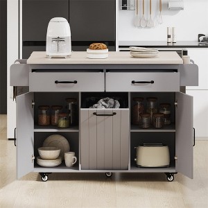 Kitchen Island with Trash Can Storage Cabinet, Rolling Kitchen Cart with Drop Leaf, Mobile Kitchen Island On Wheels For Dining Room Kitchen - 1 of 4