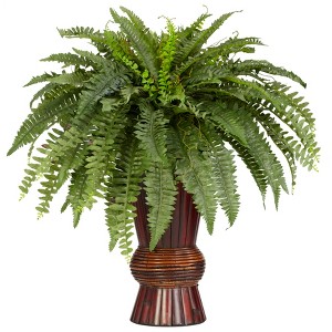 Nearly Natural Boston Fern with Bamboo Vase Artificial Plant - 1 of 2