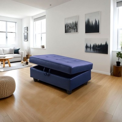 DOMETOUR Blue Semi PU Synthetic Leather Storage Ottoman - Modern Upholstered Footstool with Hidden Compartment