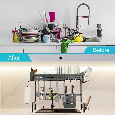 Adjustable Black Metal Over Sink Dish Drying Rack with Utensil Cup
