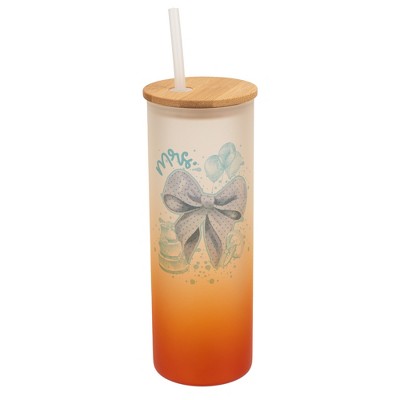 Elanze Designs 25 Ounce Frosted Glass Gradient Travel Tumbler With Straw and Wooden Lid, Mrs. Bow Orange