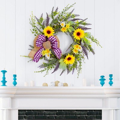 COZONY 20 Inch Sunflower Wreath, Artificial Floral Wreath with Lavender & Daisy for Front Door Home Wedding Decor