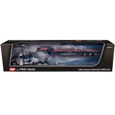 Peterbilt 389 with 48" Mid-Roof Sleeper & Talbert Traveling Axle Trailer Rich Blue & Silver 1/64 Diecast Model by DCP/First Gear