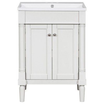 COWLOWN Gray 24-In Bathroom Vanity with Sink, Modern Freestanding Vanity Cabinet with 2-Tier Storage Shelves, Pre-Drilled 3-Hole Faucet Design