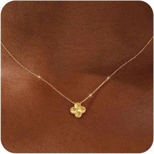 Non Tarnish 14K Gold Plated Four Leaf Clover Necklace Trendy CZ Emerald Pendant Necklace Jewelry - 1 of 4