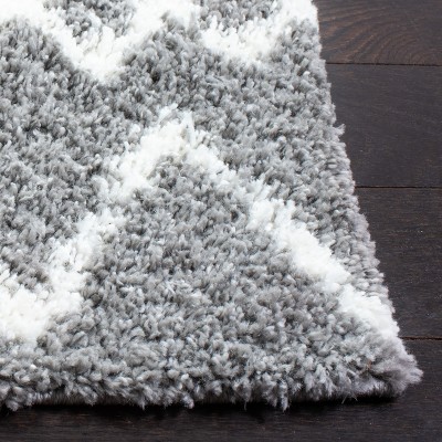 Gray and Cream Square Shag Rug with Geometric Pattern
