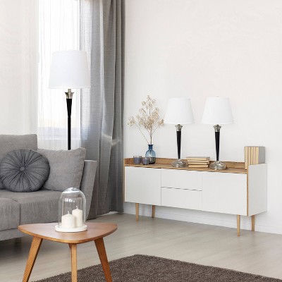 3pc Perennial Modern Sonoma Metal Lamp Set with Tapered Drum Fabric Shades Black/White - Lalia Home: Elegant Lighting for Living Spaces