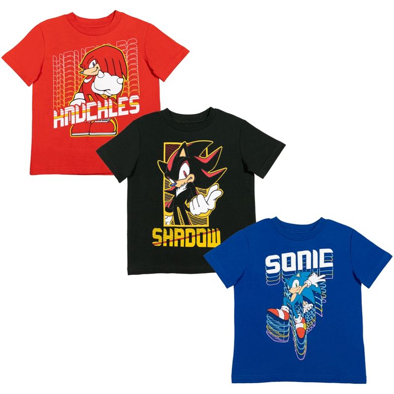 SEGA Sonic The Hedgehog Knuckles Tails 3 Pack Graphic T-Shirts Red/Blue/Yellow, 1 of 8