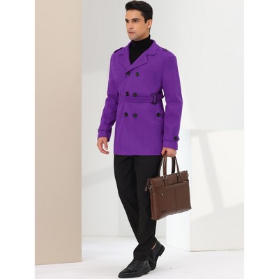 Lars Amadeus Men's Middle Length Double Breasted Notch Lapel Belted Pea Coats Purple X-Large — фото 4