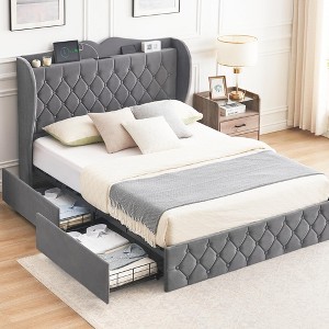 Upholstered Velvet Bed Frame With 4 Storage Drawers and Charging Station, Button Tufted Platform Bed With Wingback Headboard Shelf, Heavy Duty - 1 of 4