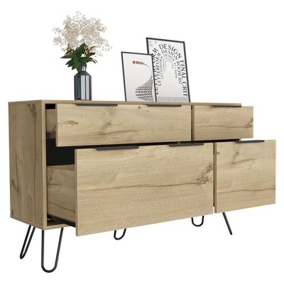 Light Wood Double Dresser with Hairpin Legs and Soft Close Drawers