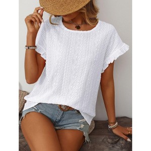Women's Round Neck Sweet Short Sleeve T-Shirt with Hollow-Out Detail & Ruffled Sleeves, Cute Casual Blouse for Summer - 1 of 4