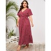 Womens Plus Size V Neck Wrap Maxi Dress High Waist Ruffle Summer Casual Dress with Belt - 2 of 4