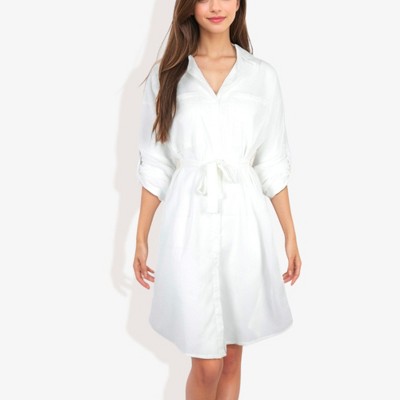 Anna-Kaci Women's Button Down Collar Neck Large Pocket Detail Scoop Hem Long Cuffed Sleeve Dress