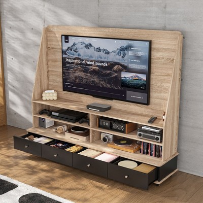 Famapy Mobile Gaming Screen Cabinet,Rolling TV Stand with 4 Drawers,Media Console with 6 Wheels,TV Mount & Storage for Living Room & Game Room