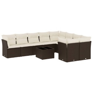 vidaXL 10 Piece Patio Sofa Set with Cushions Brown Poly Rattan - Brown and Cream With Table - 1 of 4