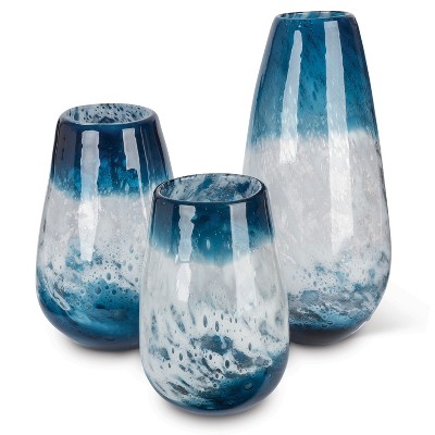 Lone Elm Studios Assorted-sized Artisanal Glass Vases in Milky White and Indigo Blue (Set of 3)
