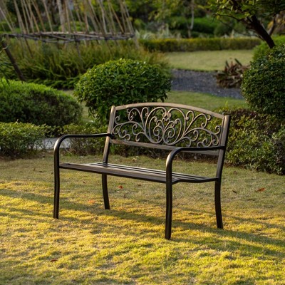 Black Powder Coated Steel Outdoor Bench with Cast Iron Backrest