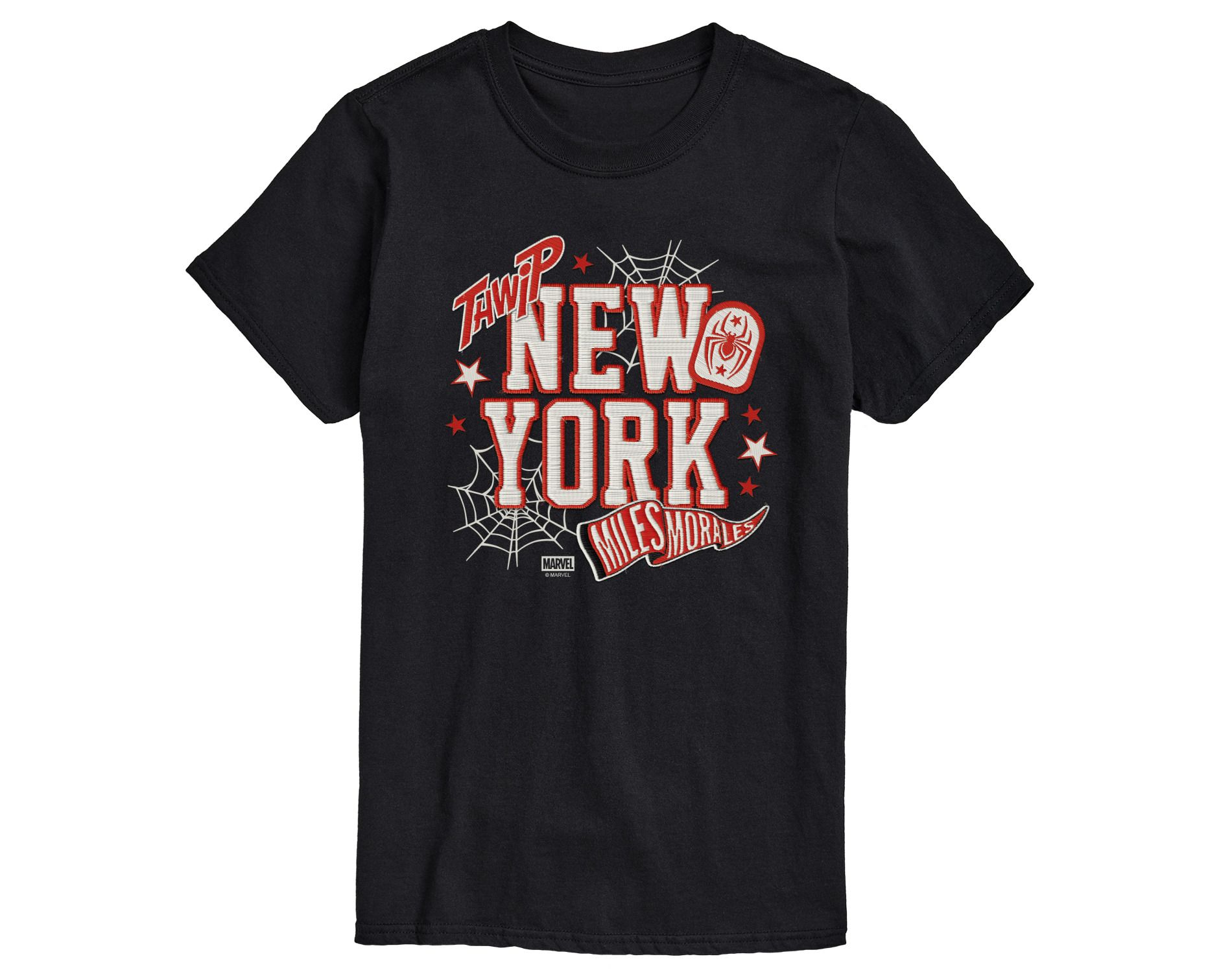 Men's Spider-Man NYC Miles Faux Patches Short Sleeve Graphic T-Shirt - Black - 1X Big and Tall