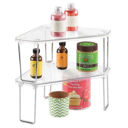 mDesign Steel/Plastic 2-Tier Freestanding Bathroom Corner Organizer Shelf,  Clear 