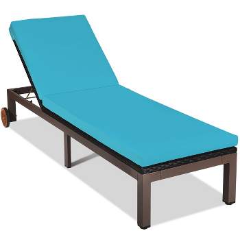 Tangkula Patio Rattan Lounge Chair Outdoor Cushioned Chaise Height Adjustable Turquoise