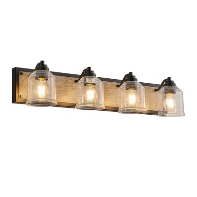 VYNXARIA Black and Wood Grain Wall Lights, 32" Farmhouse Vanity Fixture with Clear Seeded Glass Shades for Bathroom and Powder Room