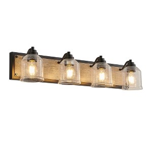 VYNXARIA Black and Wood Grain Wall Lights, 32" Farmhouse Vanity Fixture with Clear Seeded Glass Shades for Bathroom and Powder Room - 1 of 4