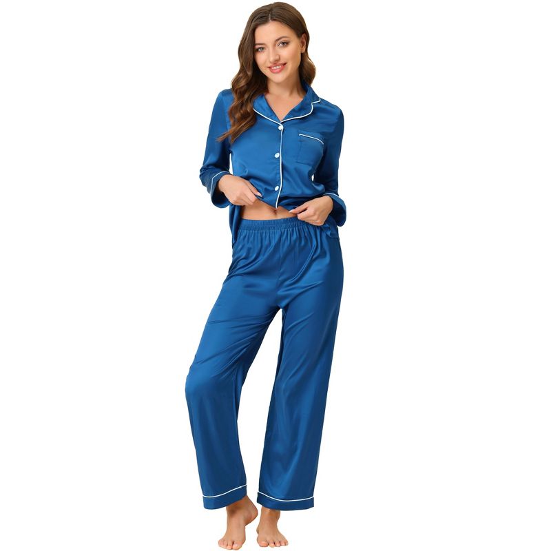 cheibear Women's Satin Button Down Lounge Tops and Pants Pajama Set, 1 of 7