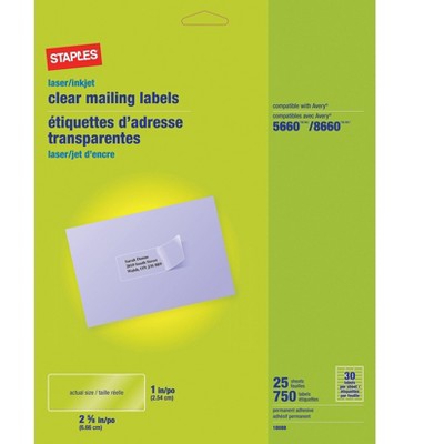 Staples Laser/Inkjet Address Labels 1" x 2 5/8" Clear 30 Labels/Sheet 575748