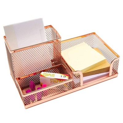 Rose Gold Mesh Desk Organizer Set with Pen, Note, and Card Holders