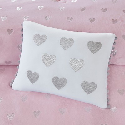 Pink Microfiber Full Kids Comforter Set with Metallic Hearts