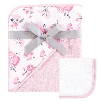  Hudson Baby Infant Girl Cotton Hooded Towel and Washcloth 2pc Set, Pink Floral, One Size 