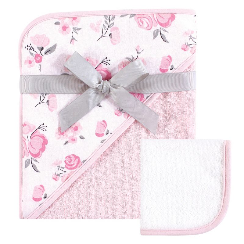Hudson Baby Infant Girl Cotton Hooded Towel and Washcloth 2pc Set, Pink Floral, One Size, 1 of 3