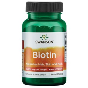 Swanson Premium Super Strength Biotin Softgels, 10,000 Mcg, 60 Count. - 1 of 2