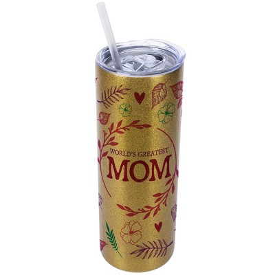 Elanze Designs Floral Vegas Gold 20 Ounce Double Wall Stainless Steel Glitter Travel Tumbler With Sliding Lid And Straw, World's Greatest Mom