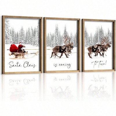 Set of 3 Framed Wall Art Farmhouse Santa Claus Is Coming To Town Wall Decor Vintage Holiday Home Decor Brown