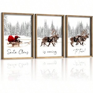 Set of 3 Framed Wall Art Farmhouse Santa Claus Is Coming To Town Wall Decor Vintage Holiday Home Decor Brown - 1 of 4