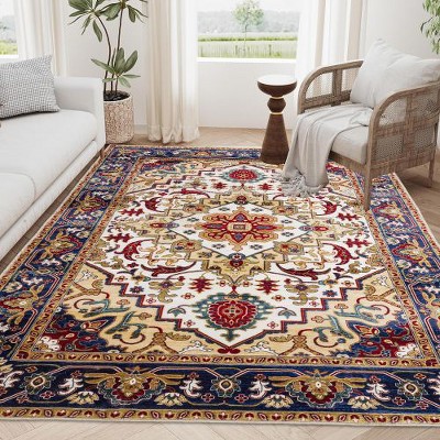 Kumasinova Vintage Boho Area Rug, Washable Rug with Floral Pattern, Faux Cashmere Living Room Rug, Non-Slip Rugs, Stain-Resistant Door Mat