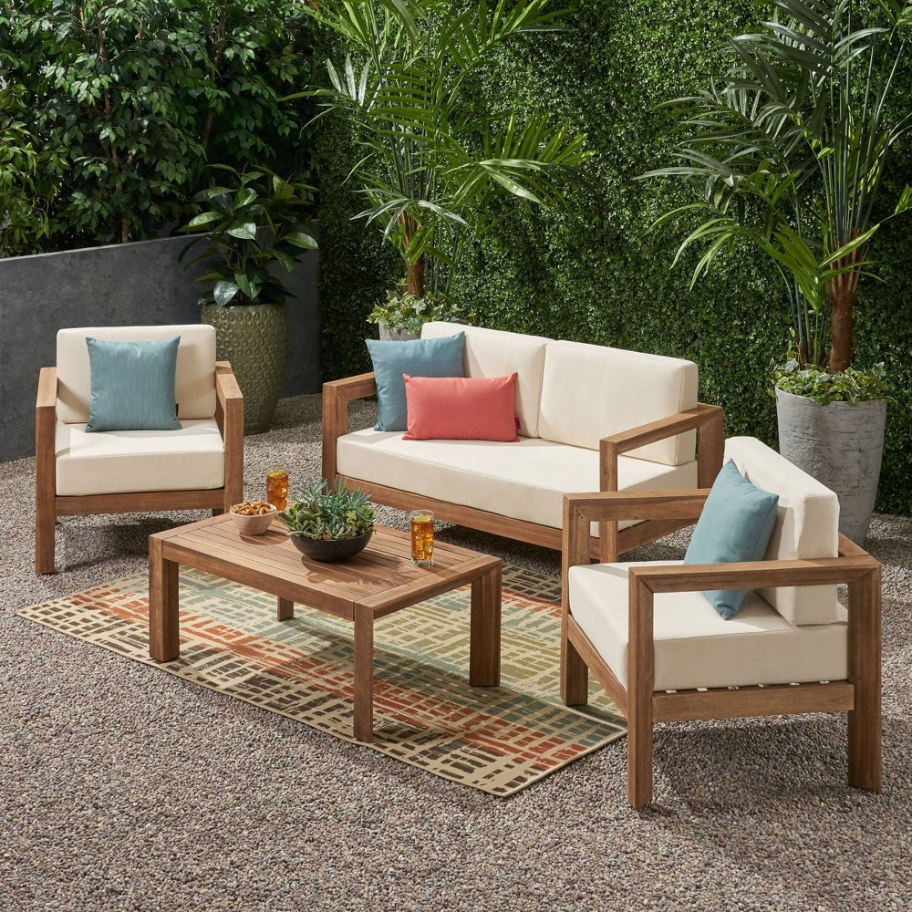 Photos - Garden Furniture Genser 4pc Acacia Wood Chat Set: Outdoor Loveseat, Club Chairs, Coffee Tab