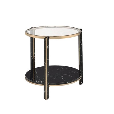 Round Glass and Faux Black Marble End Table with Champagne Trim