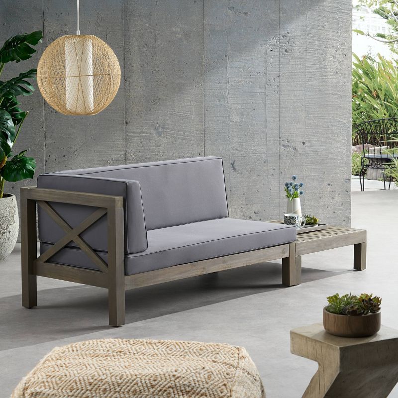 2pc Brava Outdoor Acacia Wood Left Arm Loveseat &#38; Coffee Table with Cushion Gray/Dark Gray - Christopher Knight Home, 6 of 11
