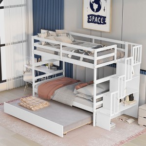 Okak Twin over Twin Wood Bunk Bed with Trundle Loft Bunk Bed with Storage Stairway for Kids Teens, Easy Assemble No Box Spring Needed, White - 1 of 4