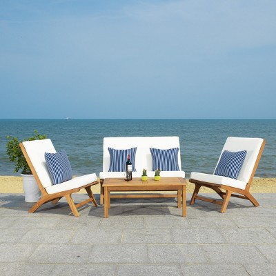 Natural Wood 4-Piece Patio Set with Beige Cushions and Navy Striped Pillows